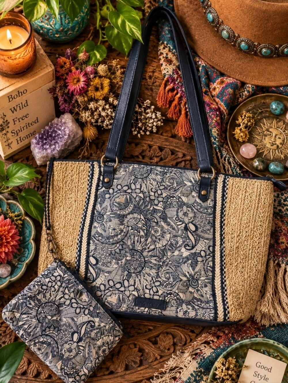 Sakroots Navy Floral Woven Straw Raffia Tote Bag w/ Matching Wristlet Boho Purse